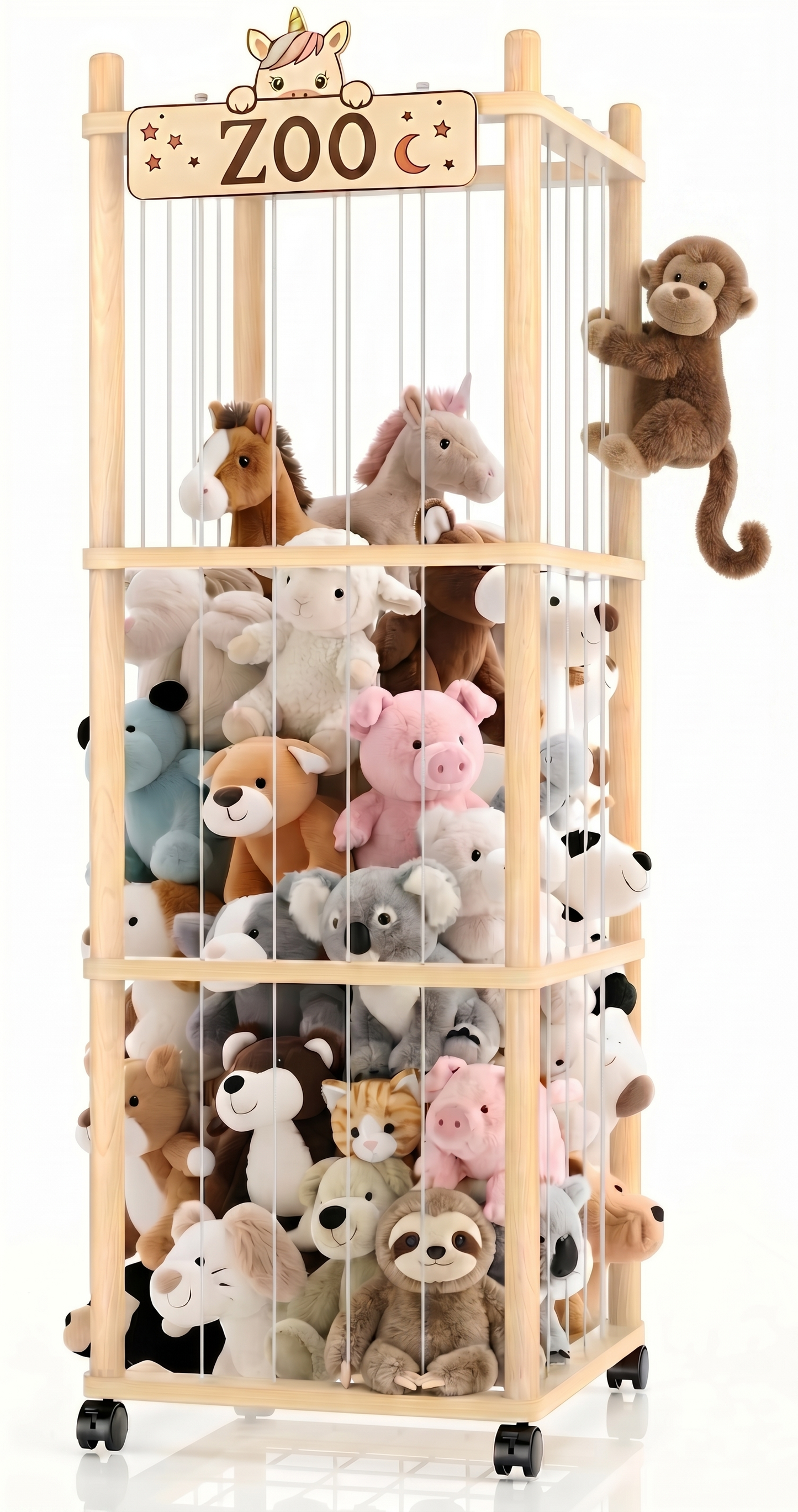 Stuffed Animal Storage Zoo Tower,56In Wooden Large Stuffed Animal Holder Organizer with Wheels,Stuffy Plushies Storage with Elastic Band&Mesh Bottom,Toy Storage Organizers for Playroom Bedroom Nursery