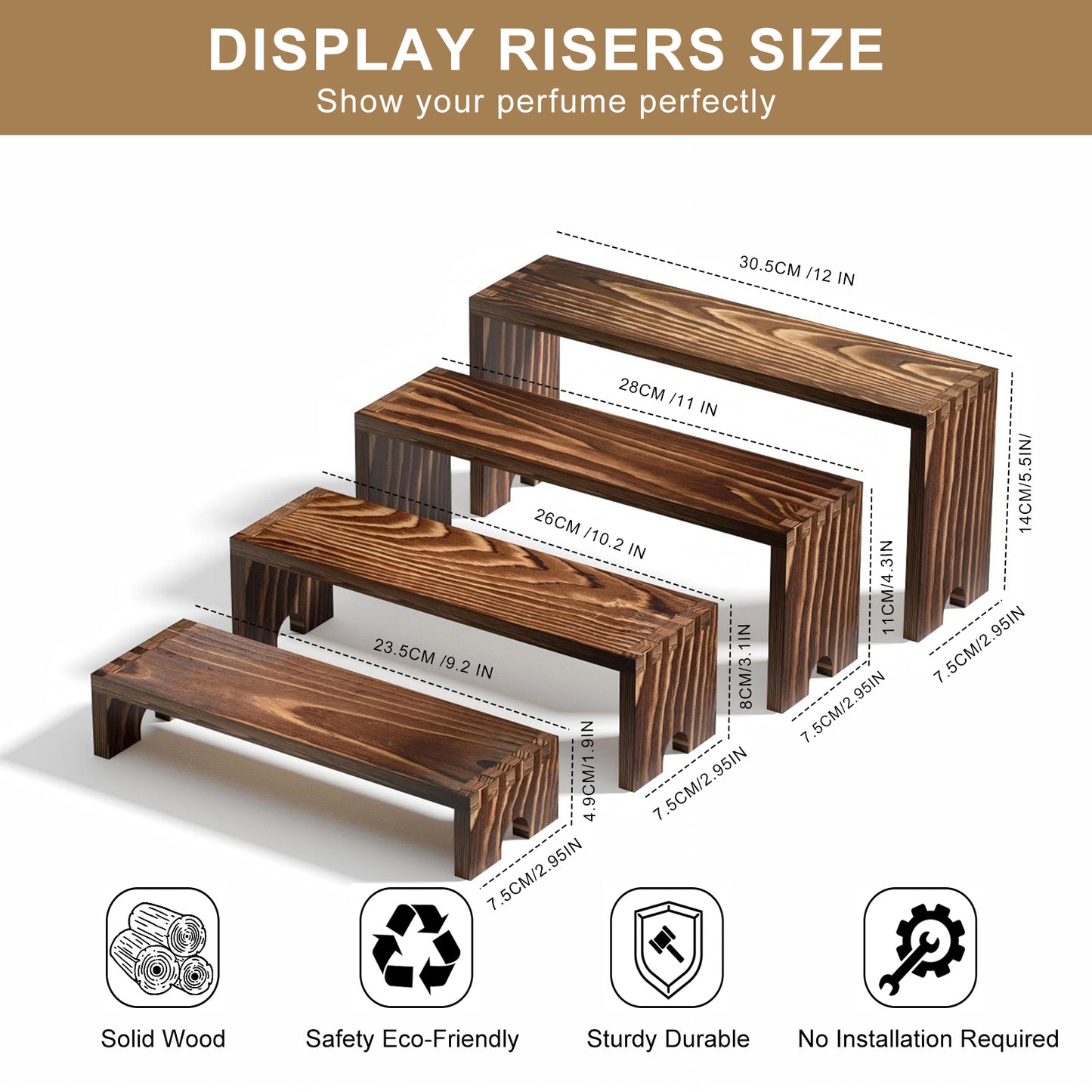 Vecxoty 2 Set Wooden Tiered Risers Display Stands for Vendor Events,Stackable Wooden Cupcake Display Stand,Farmhouse Decor Wood Dessert Table Display Set,Vendor Booth Display Items,Food Display Risers for Party（12-11.2-10.4-9.6IN）
