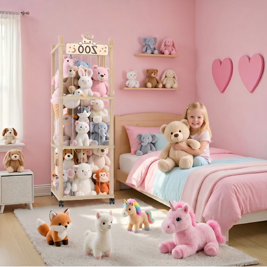 Stuffed Animal Storage Zoo Tower,56In Wooden Large Stuffed Animal Holder Organizer with Wheels,Stuffy Plushies Storage with Elastic Band&Mesh Bottom,Toy Storage Organizers for Playroom Bedroom Nursery