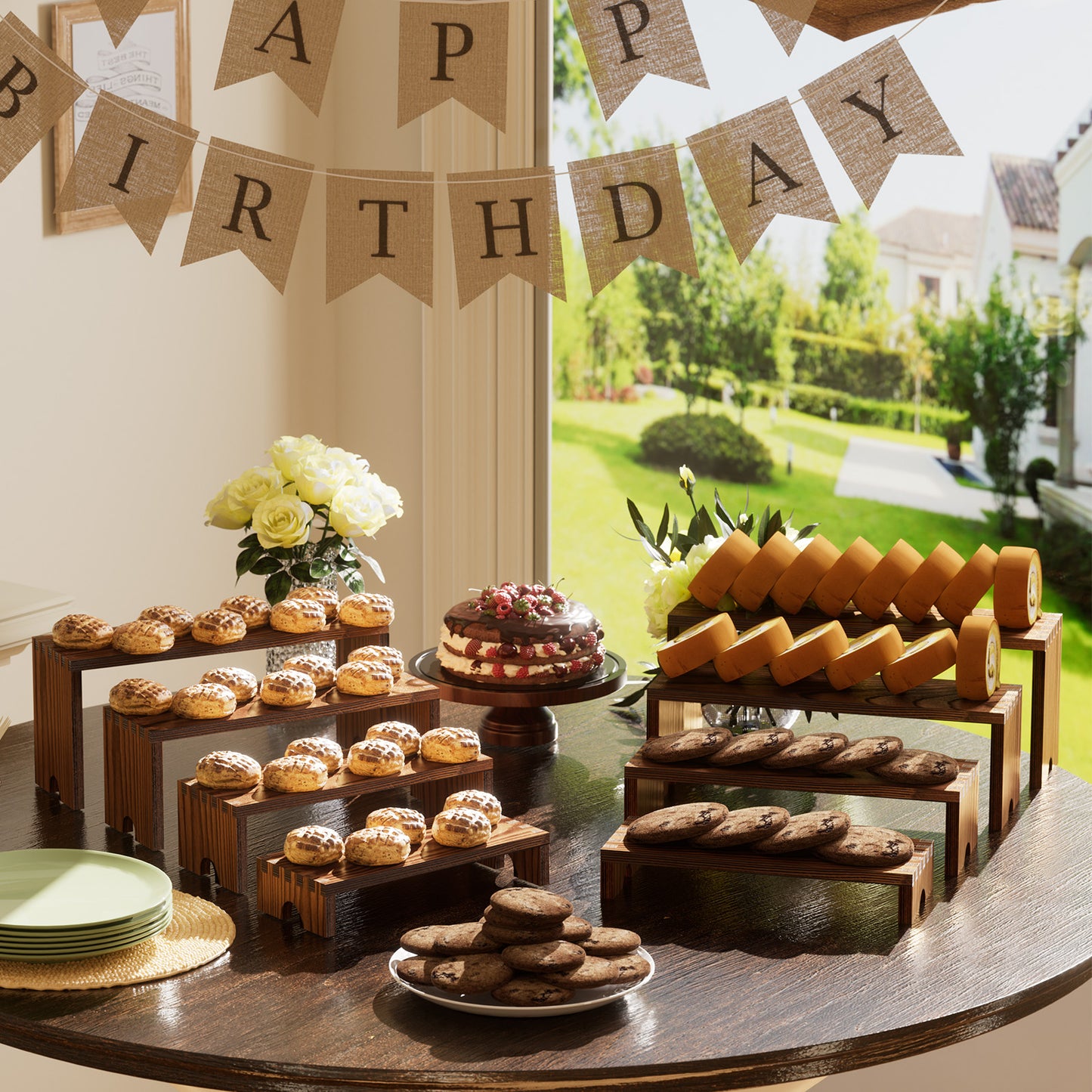 Vecxoty 2 Set Wooden Tiered Risers Display Stands for Vendor Events,Stackable Wooden Cupcake Display Stand,Farmhouse Decor Wood Dessert Table Display Set,Vendor Booth Display Items,Food Display Risers for Party（12-11.2-10.4-9.6IN）