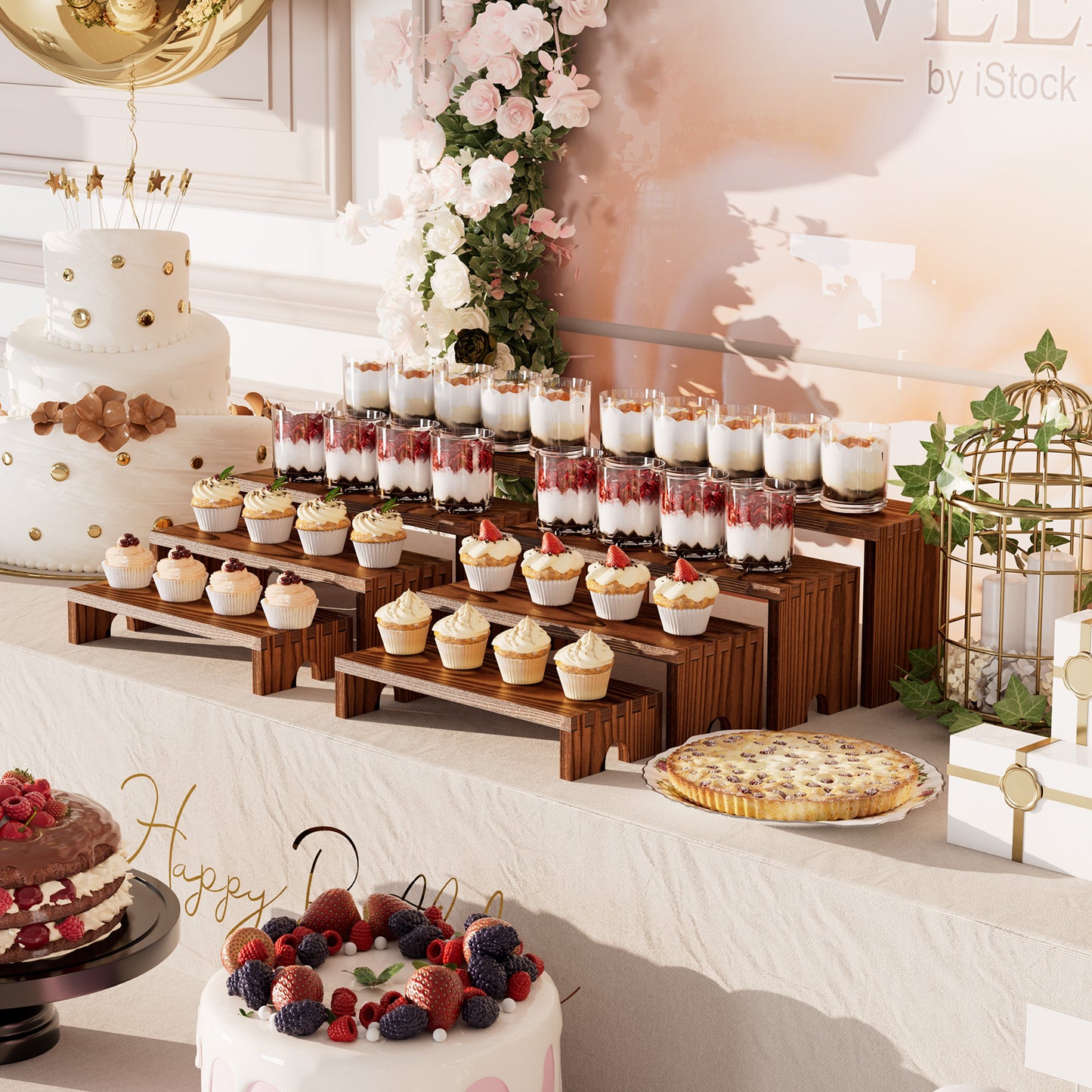 Vecxoty 2 Set Wooden Tiered Risers Display Stands for Vendor Events,Stackable Wooden Cupcake Display Stand,Farmhouse Decor Wood Dessert Table Display Set,Vendor Booth Display Items,Food Display Risers for Party（12-11.2-10.4-9.6IN）