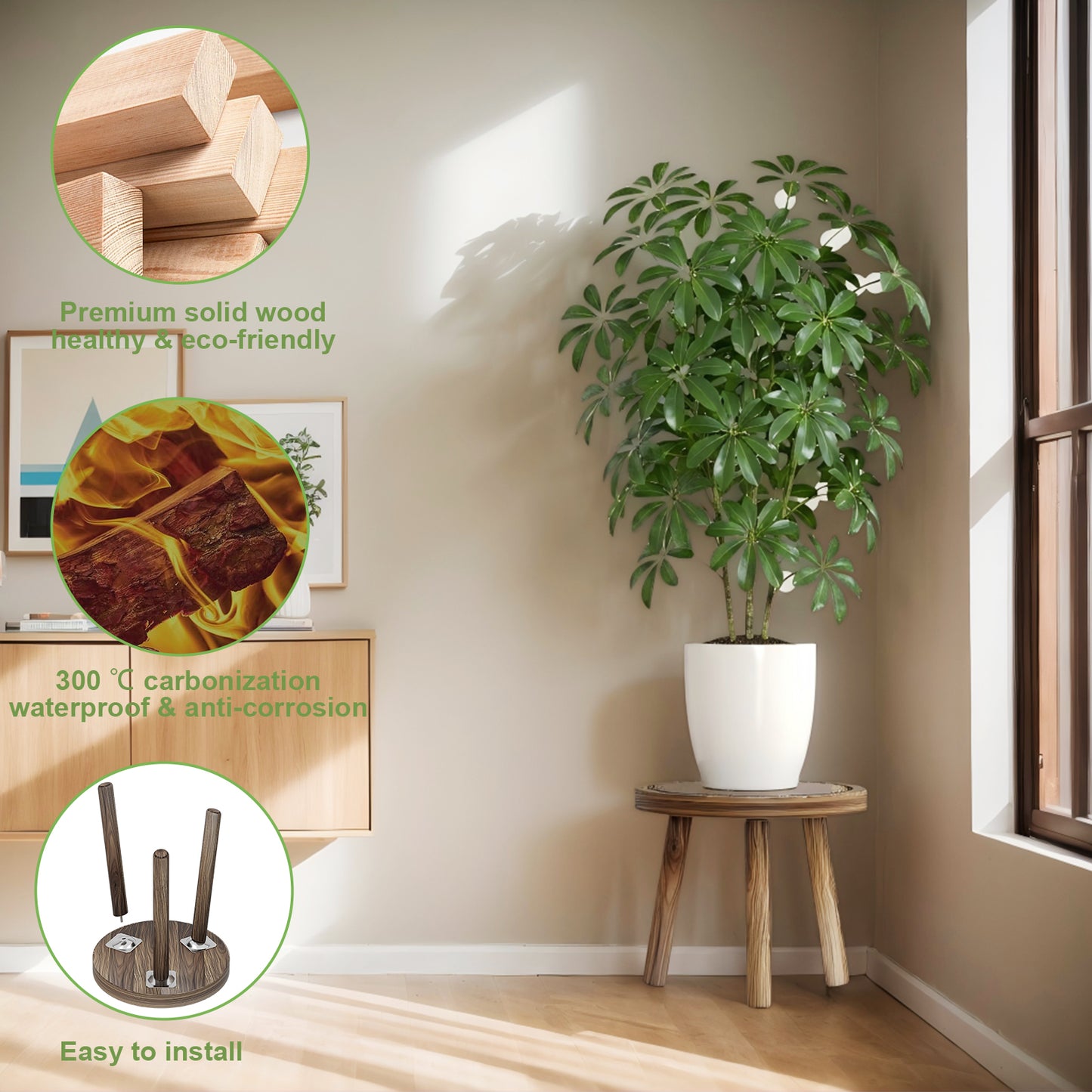 3-Pack Wood Plant Stands Indoor, Single Plant Stand for 6-12 Inch Pots, Mid-Century Modern Plant Stool, Tall Plant Stand for Large Plants for Living Room, Balcony, Office