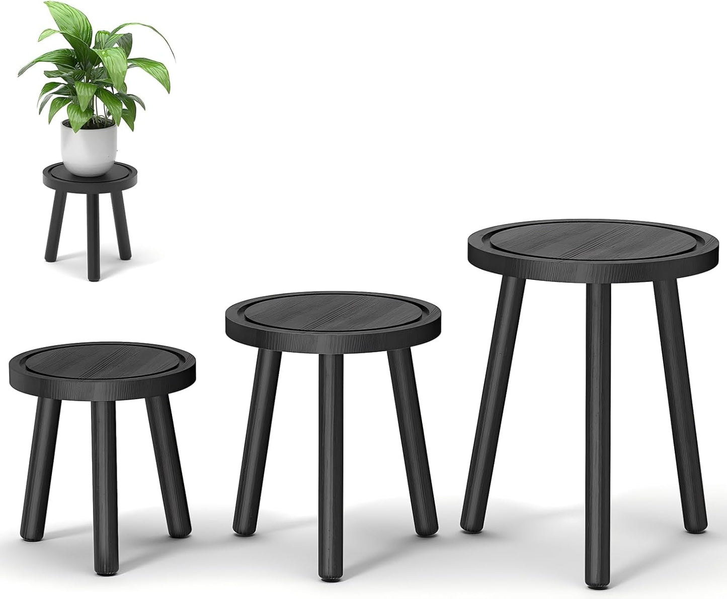 3-Pack Wood Plant Stands Indoor, Single Plant Stand for 6-12 Inch Pots, Mid-Century Modern Plant Stool, Tall Plant Stand for Large Plants for Living Room, Balcony, Office