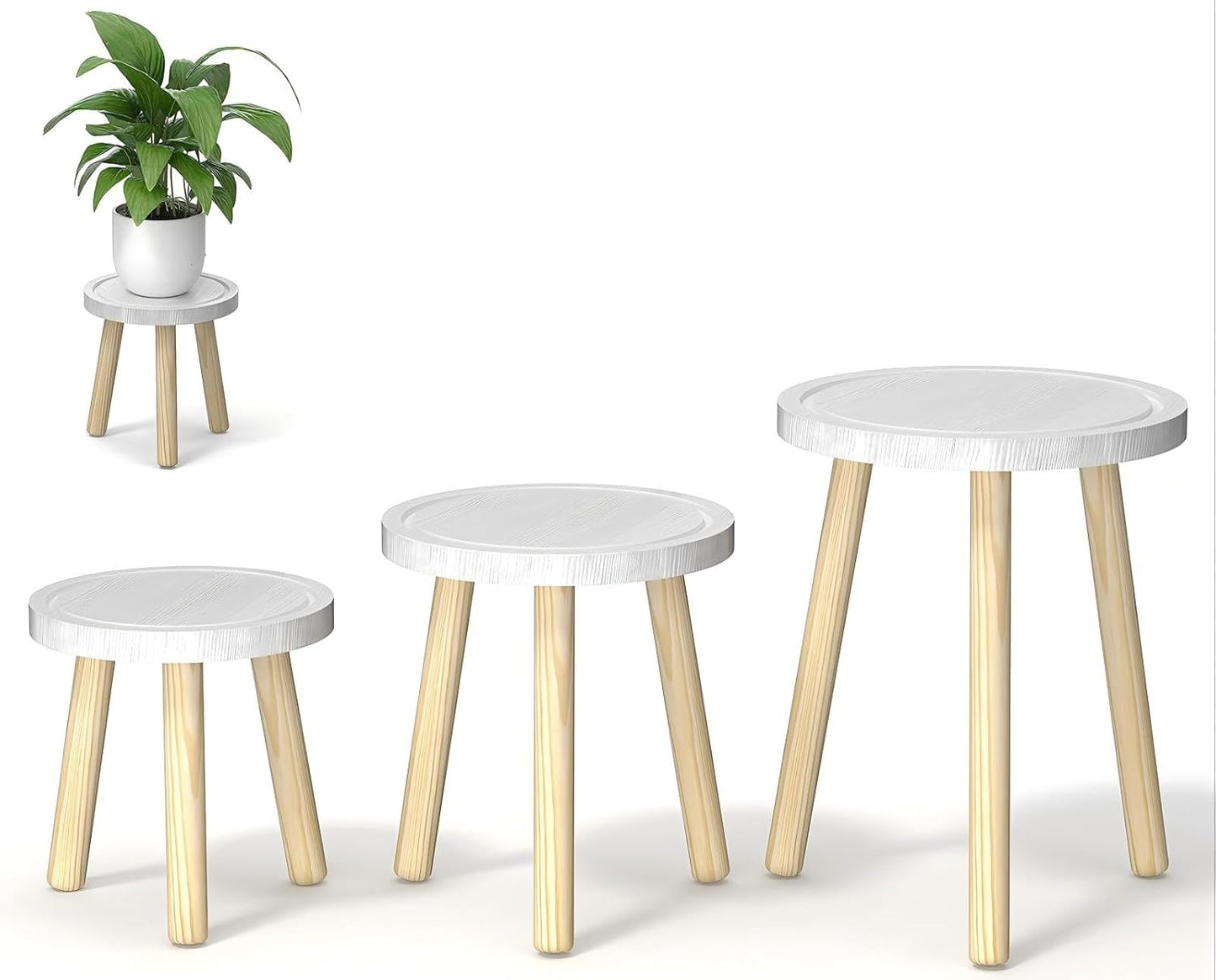 3-Pack Wood Plant Stands Indoor, Single Plant Stand for 6-12 Inch Pots, Mid-Century Modern Plant Stool, Tall Plant Stand for Large Plants for Living Room, Balcony, Office