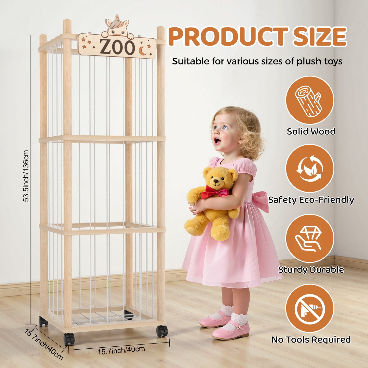Stuffed Animal Storage Zoo Tower,56In Wooden Large Stuffed Animal Holder Organizer with Wheels,Stuffy Plushies Storage with Elastic Band&Mesh Bottom,Toy Storage Organizers for Playroom Bedroom Nursery