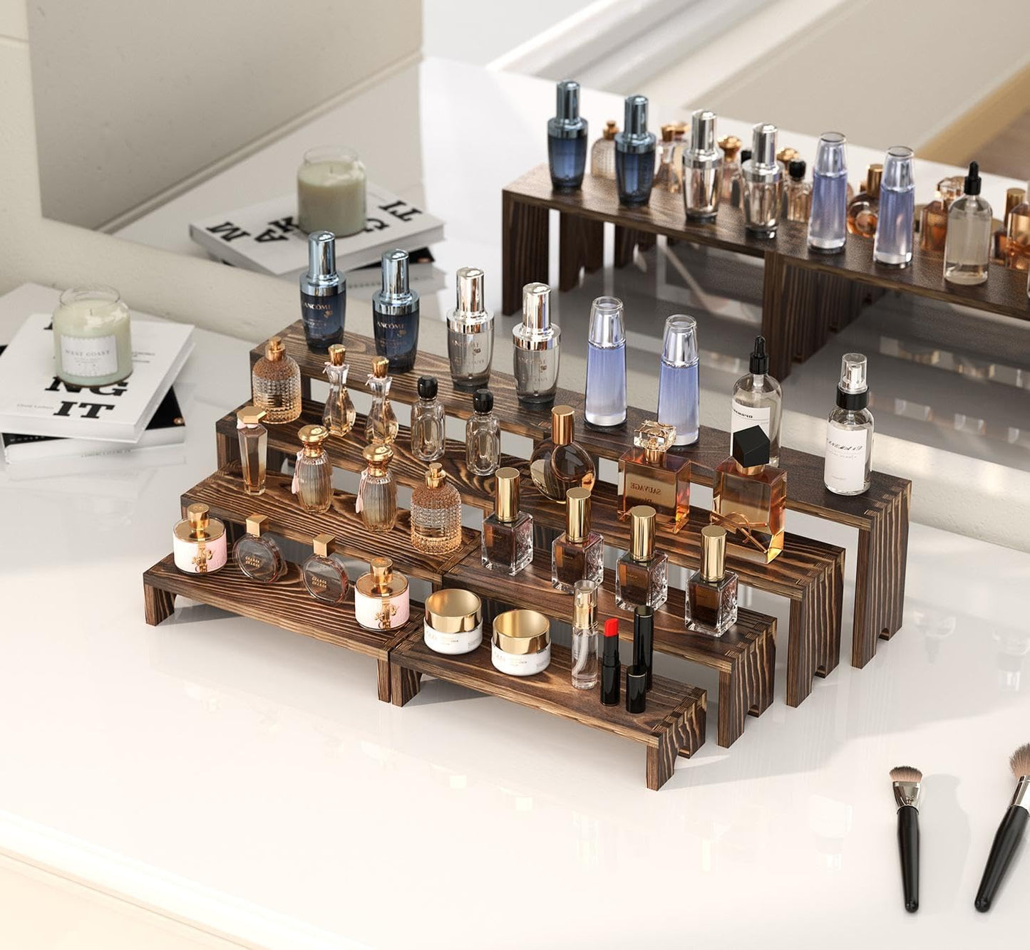 Vecxoty 2 Set Wooden Tiered Risers Display Stands for Vendor Events,Stackable Wooden Cupcake Display Stand,Farmhouse Decor Wood Dessert Table Display Set,Vendor Booth Display Items,Food Display Risers for Party（12-11.2-10.4-9.6IN）