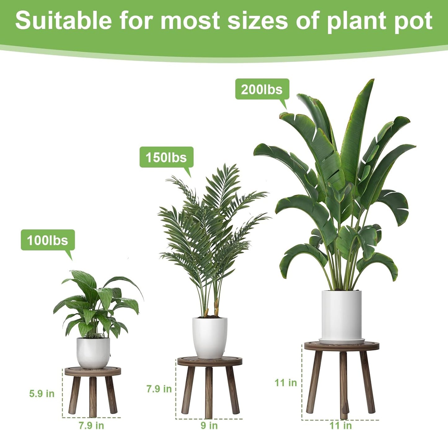 3-Pack Wood Plant Stands Indoor, Single Plant Stand for 6-12 Inch Pots, Mid-Century Modern Plant Stool, Tall Plant Stand for Large Plants for Living Room, Balcony, Office