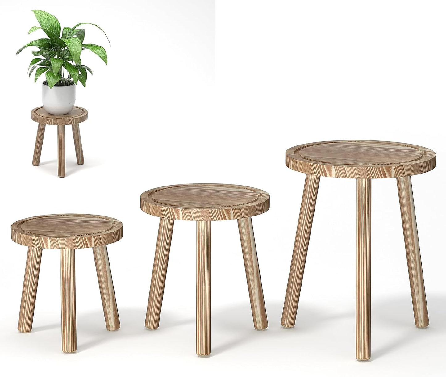 3-Pack Wood Plant Stands Indoor, Single Plant Stand for 6-12 Inch Pots, Mid-Century Modern Plant Stool, Tall Plant Stand for Large Plants for Living Room, Balcony, Office