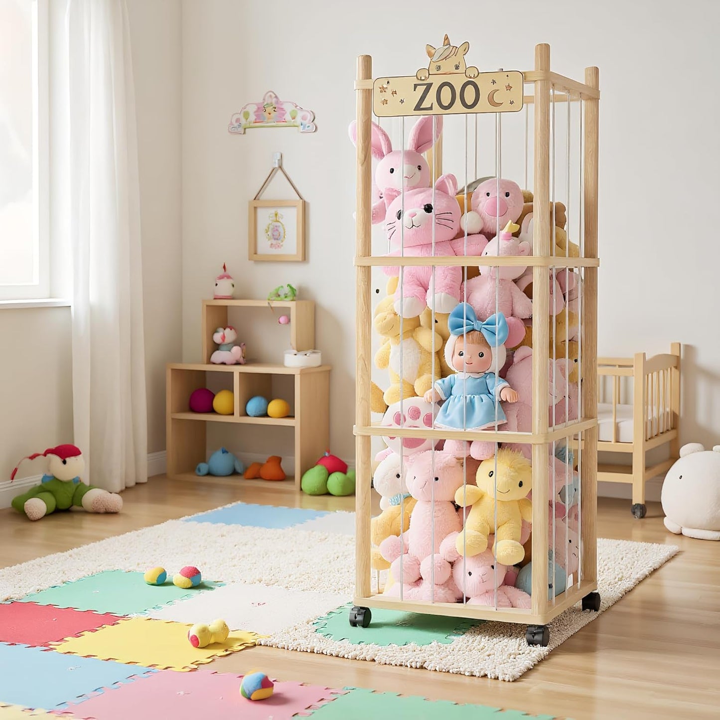 Stuffed Animal Storage Zoo Tower,56In Wooden Large Stuffed Animal Holder Organizer with Wheels,Stuffy Plushies Storage with Elastic Band&Mesh Bottom,Toy Storage Organizers for Playroom Bedroom Nursery