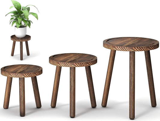 3-Pack Wood Plant Stands Indoor, Single Plant Stand for 6-12 Inch Pots, Mid-Century Modern Plant Stool, Tall Plant Stand for Large Plants for Living Room, Balcony, Office