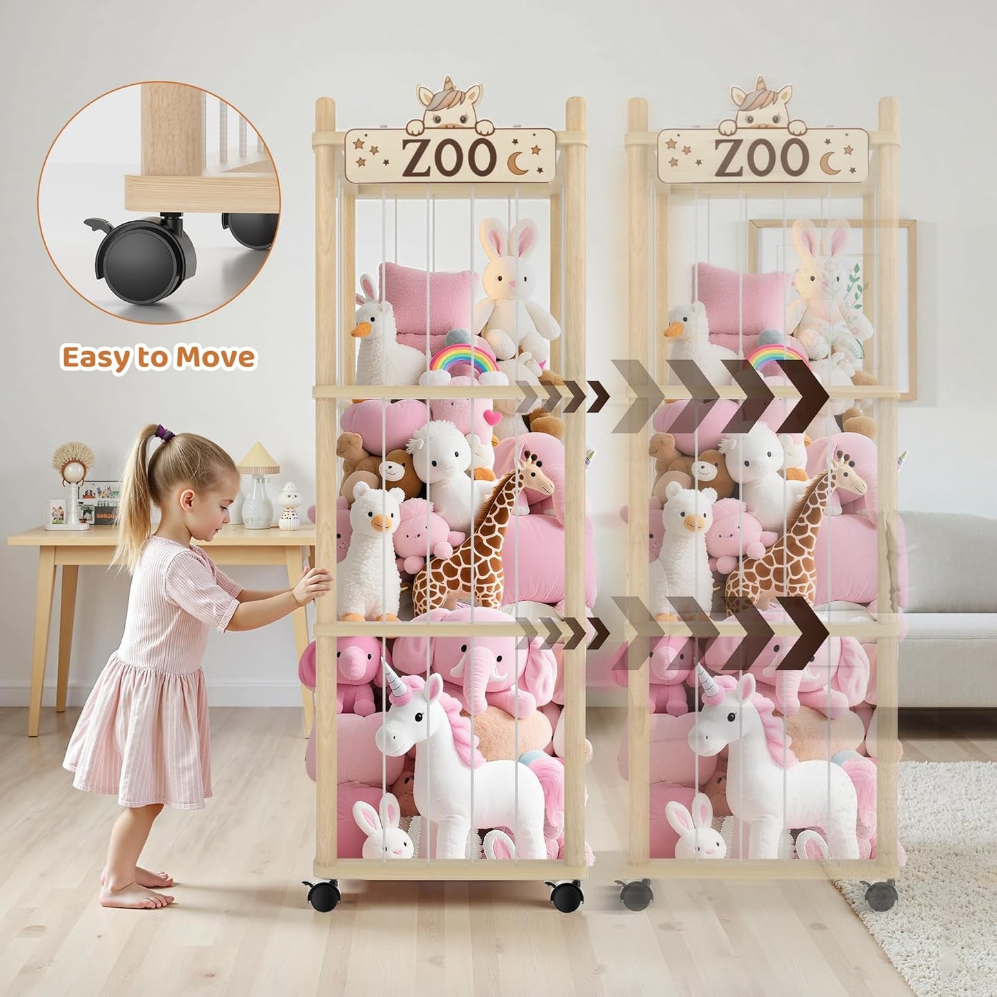 Stuffed Animal Storage Zoo Tower,56In Wooden Large Stuffed Animal Holder Organizer with Wheels,Stuffy Plushies Storage with Elastic Band&Mesh Bottom,Toy Storage Organizers for Playroom Bedroom Nursery