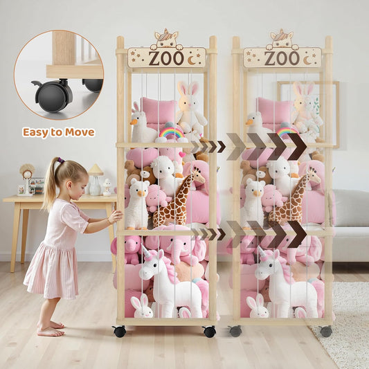 Stuffed Animal Storage Zoo Tower,56In Wooden Large Stuffed Animal Holder Organizer with Wheels,Stuffy Plushies Storage with Elastic Band&Mesh Bottom,Toy Storage Organizers for Playroom Bedroom Nursery