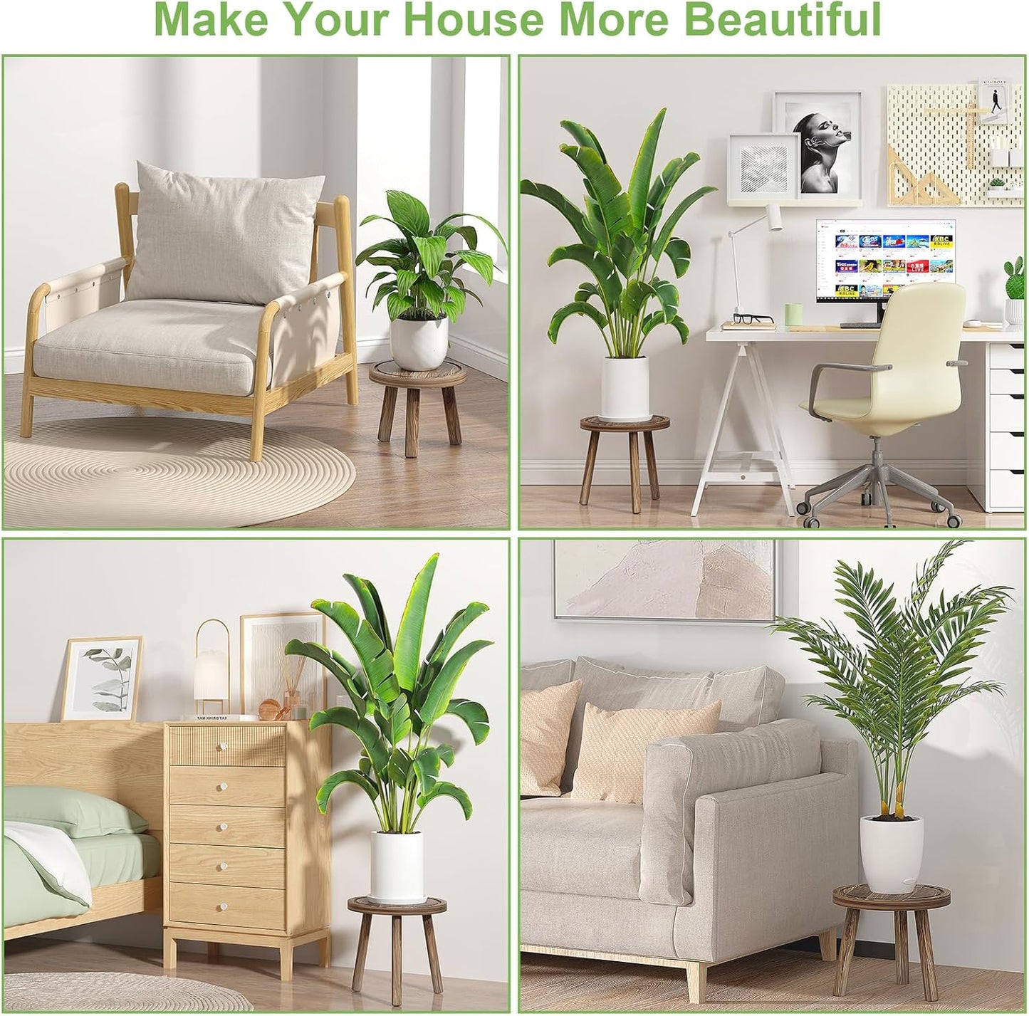 3-Pack Wood Plant Stands Indoor, Single Plant Stand for 6-12 Inch Pots, Mid-Century Modern Plant Stool, Tall Plant Stand for Large Plants for Living Room, Balcony, Office