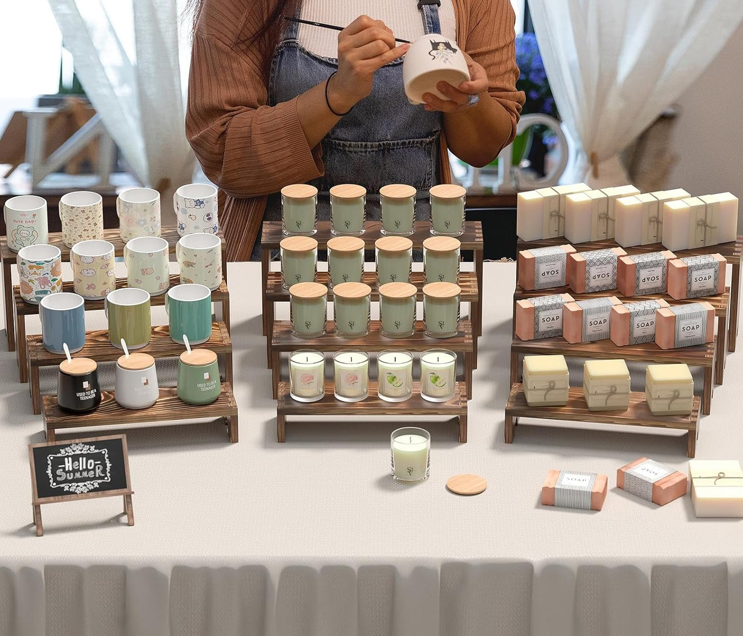 Vecxoty 2 Set Wooden Tiered Risers Display Stands for Vendor Events,Stackable Wooden Cupcake Display Stand,Farmhouse Decor Wood Dessert Table Display Set,Vendor Booth Display Items,Food Display Risers for Party（12-11.2-10.4-9.6IN）