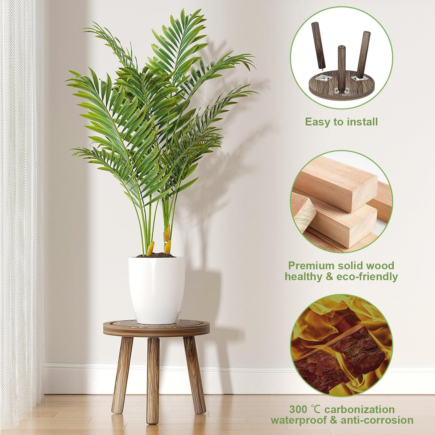 3-Pack Wood Plant Stands Indoor, Single Plant Stand for 6-12 Inch Pots, Mid-Century Modern Plant Stool, Tall Plant Stand for Large Plants for Living Room, Balcony, Office