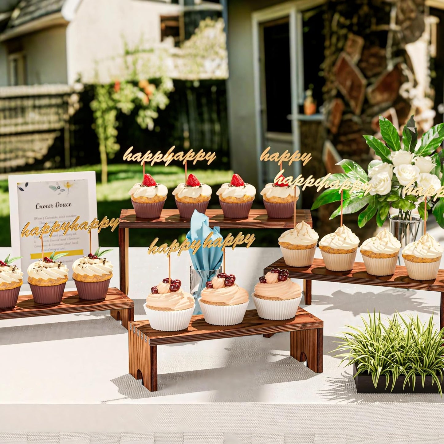 Vecxoty 2 Set Wooden Tiered Risers Display Stands for Vendor Events,Stackable Wooden Cupcake Display Stand,Farmhouse Decor Wood Dessert Table Display Set,Vendor Booth Display Items,Food Display Risers for Party（12-11.2-10.4-9.6IN）