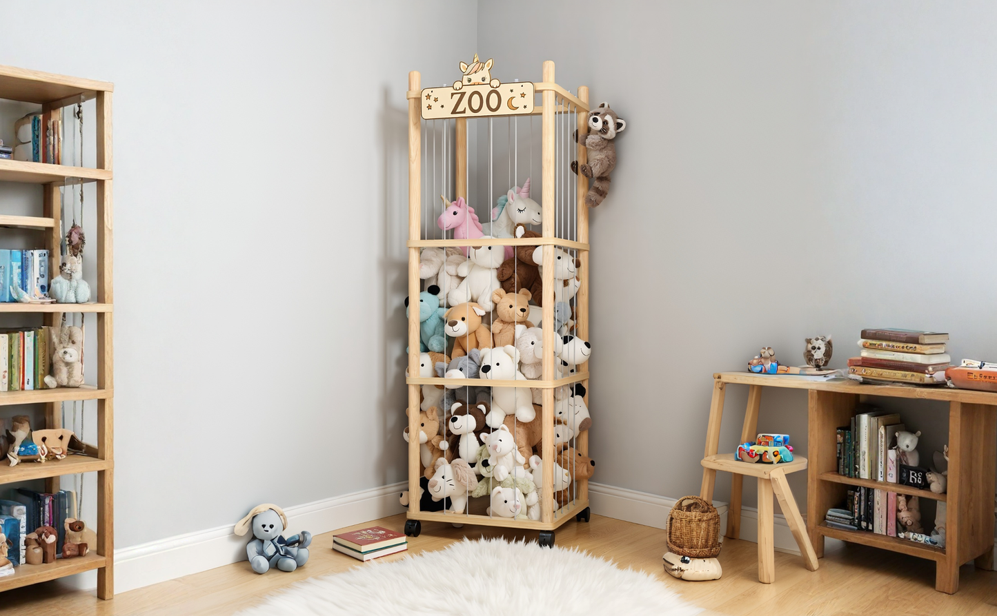 Stuffed Animal Storage Zoo Tower,56In Wooden Large Stuffed Animal Holder Organizer with Wheels,Stuffy Plushies Storage with Elastic Band&Mesh Bottom,Toy Storage Organizers for Playroom Bedroom Nursery