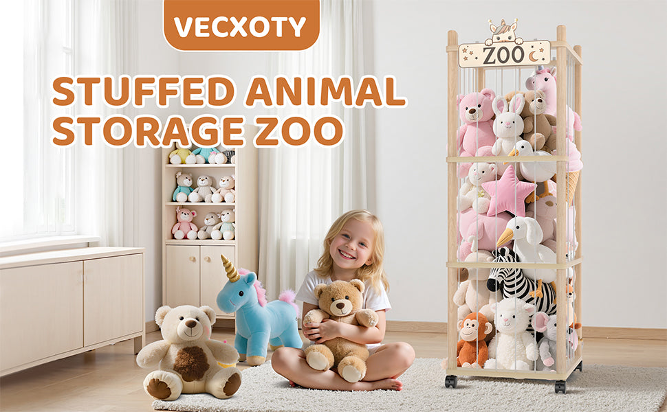 Stuffed Animal Storage Zoo Tower,56In Wooden Large Stuffed Animal Holder Organizer with Wheels,Stuffy Plushies Storage with Elastic Band&Mesh Bottom,Toy Storage Organizers for Playroom Bedroom Nursery