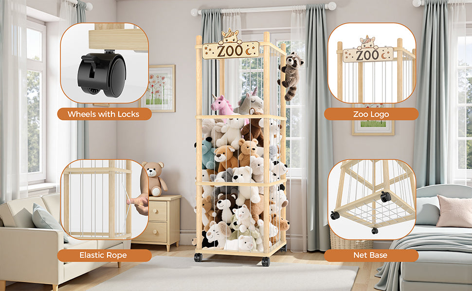 Stuffed Animal Storage Zoo Tower,56In Wooden Large Stuffed Animal Holder Organizer with Wheels,Stuffy Plushies Storage with Elastic Band&Mesh Bottom,Toy Storage Organizers for Playroom Bedroom Nursery