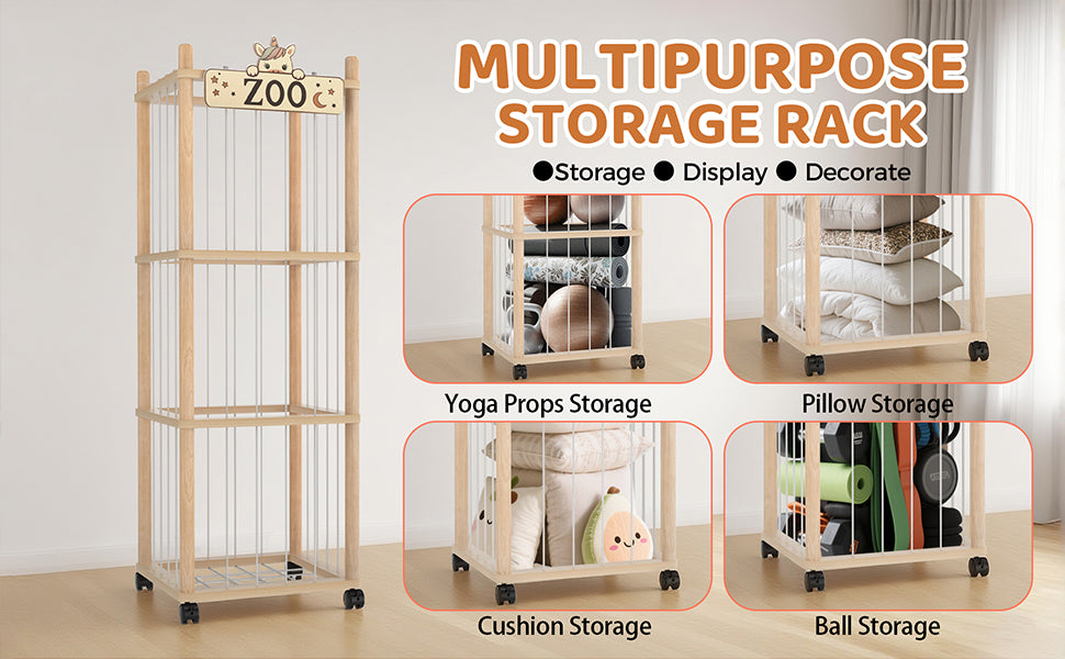Stuffed Animal Storage Zoo Tower,56In Wooden Large Stuffed Animal Holder Organizer with Wheels,Stuffy Plushies Storage with Elastic Band&Mesh Bottom,Toy Storage Organizers for Playroom Bedroom Nursery